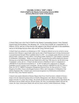Chip Lynn 上校是佐治亚州本宁堡陆军国民警卫队卓越中心副指挥官的参谋长。作为参谋长，他负责管理 33 名军官、士官和一名文职人员，他们为基地内的学校和部队提供支持，并充当这些部队与陆军国民警卫队之间的桥梁。